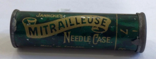 Antique green Metal Sewing Needle Case JAHNCKES MITRAILLEUSE w needles -England