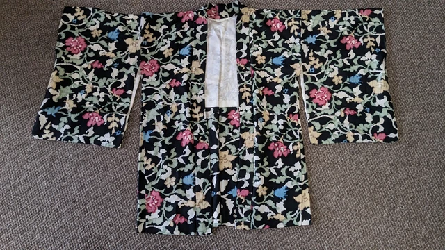 Vintage Japanese Silk Haori Kimono Jacket Women's Short Kimono Robe BLACK Floral