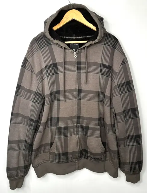 O'Neil Hoodie Sweatshirt Sherpa Lined Men XL Gray Plaid Full Zip Sweater Logo