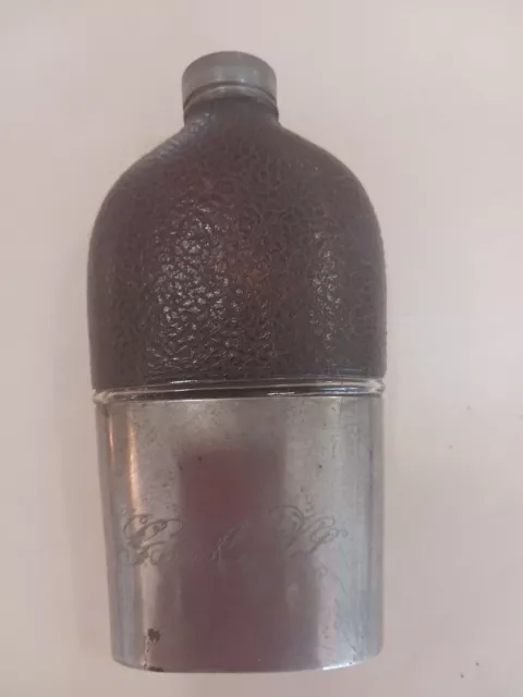 Antique Victorian Glass and Leather and Pewter Hip Flask.