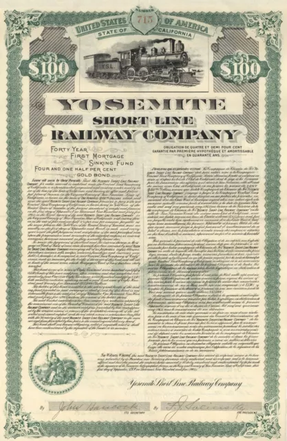 Yosemite Short Line Railway Co. - 1905 dated $100 California Railroad Bond (Unca