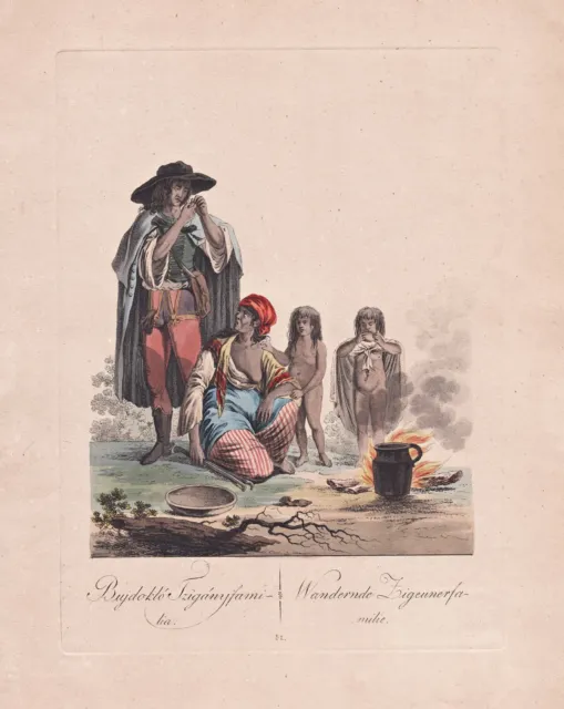 Gypsy Family (Famille) Roma Tsiganes Romani People Costume De Gravure sur Cuivre