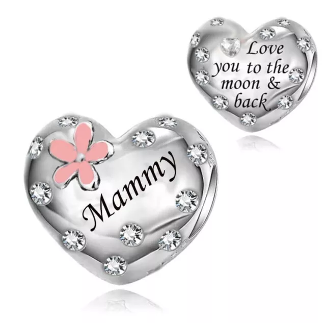 Mammy Pink Flower Charm Love You To The Moon 💜 925 Sterling Silver Gift