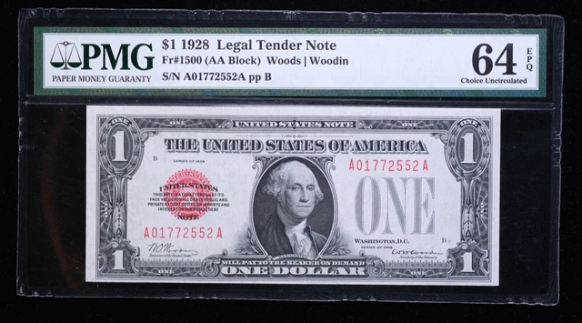 FR 1500 1928 $1 One Dollar Red Seal Legal Tender Note PMG 64 EPQ Choice UNC