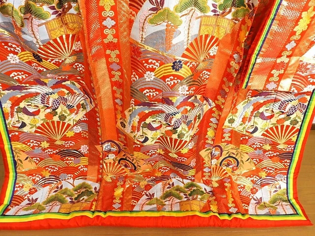 Japanese Kimono Uchikake Luxurious Wedding Embroidery Pure Silk Orange K486 3