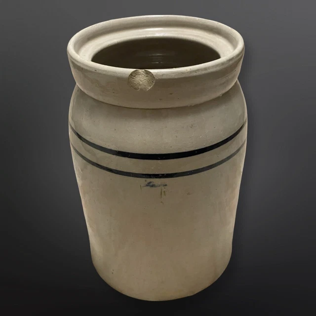 Antique Stoneware Glazed Crock Tan With Blue Accent