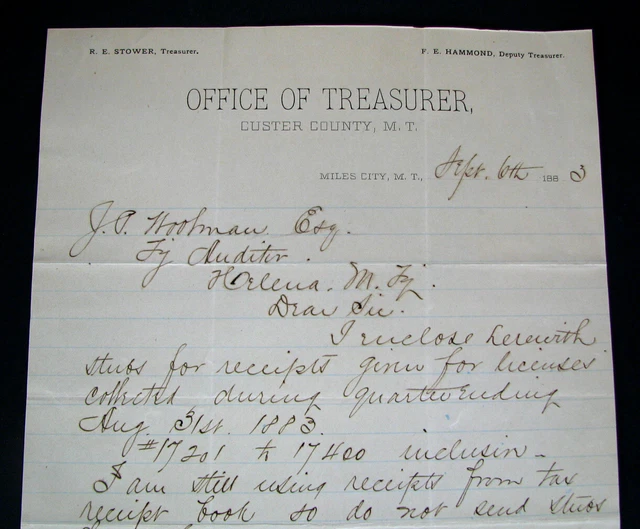 #109- scarce 1883 early CUSTER COUNTY / MILES CITY, MONTANA TERRITORY letterhead