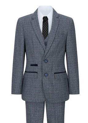 Boys 3 Piece Suit Navy Blue Tweed Check Vintage Retro Tailored Fit 1920s