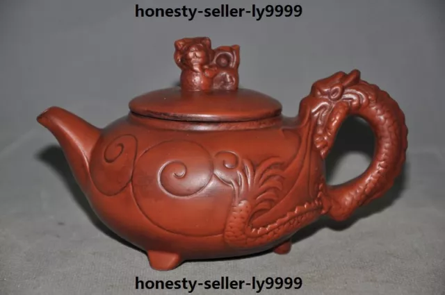 6" Marked Old Chinese Yixing Zisha Pottery Dragon statue Tea pot Flagon teapot