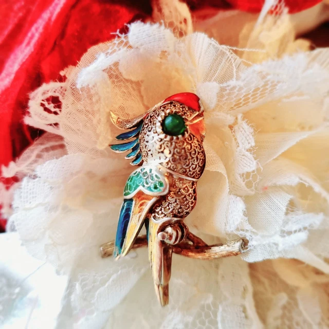 Broche Ancienne Perroquet En Argent Sterling Et Nacre - Occasion, Très Bon état Pour Son âge