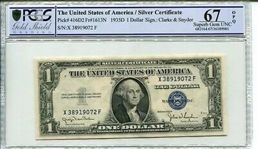 FR 1613N 1935D $1 Star Silver Certificate PCGS 67 OPQ SUPERB GEM GOLD SHIELD