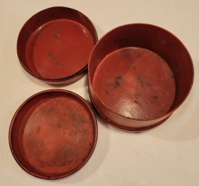 Antique Burmese Asian Deep Orange Lacquer Hand Painted 3 Piece Betel Nut Box 3