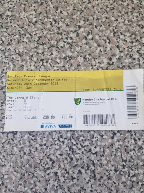 MATCH TICKET PREMIER LEAGUE NORWICH CITY V MAN UTD 28th dec 2013