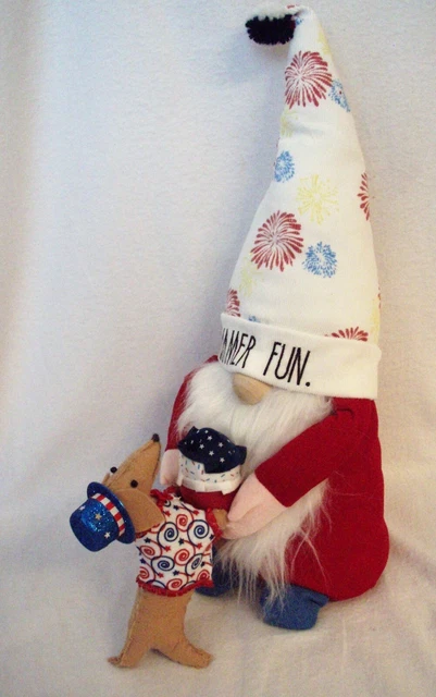 Dachshund Cream TanFelt Sculpture Summer Plush Patriotic Gnome w/ Ice cream cone