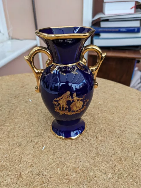 Vintage Limoges France Cobalt Blue Gold Porcelain Vase 5.5in High V5