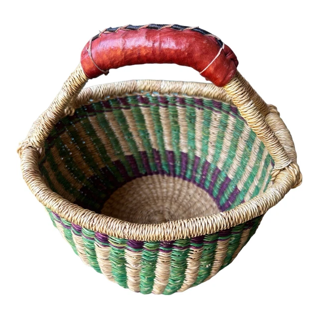 African Sweet Grass Market Basket Woven Leather Handles Multi-Color Striped 9.5"
