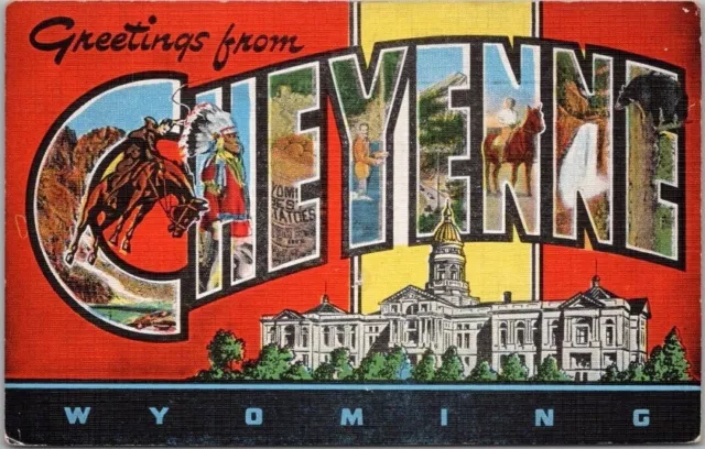 CHEYENNE Wyoming Large Letter Postcard State Capitol / KROPP Linen c1940s UNUSED