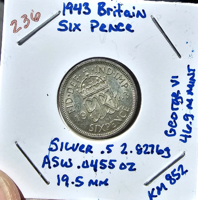 1943 Great Britain Six Pence, George VI, KM# 852, SILVER ASW: 0.0455oz