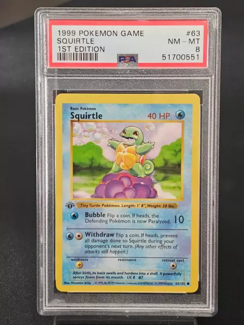 Pokemon 1st EDITION Shadowless Squirtle #63/102 - 1999 Base Set - PSA 8 NM-MT!!