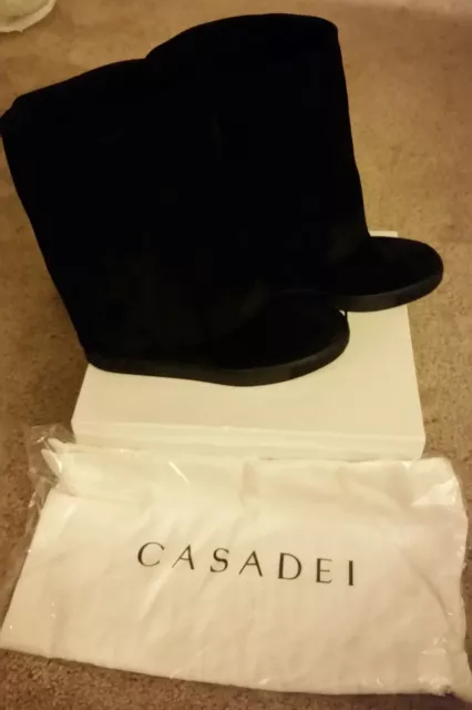 CASADEI Black Suede Leather Chain Motif Fold Over Top Wedge Boots Sz 40 NEW 2