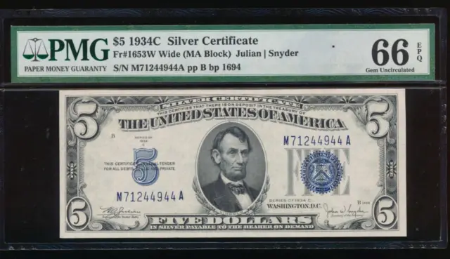 AC 1934C $5 Silver Certificate PMG 66 EPQ M-A block Wide Face Fr 1653 GEM