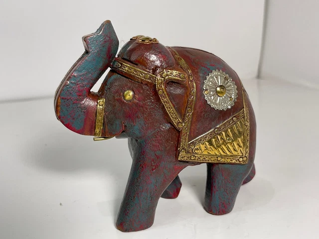 Antique Indian Wooden Elephant Old Handcrafted Brass Fitted  Art 5 1/2"
