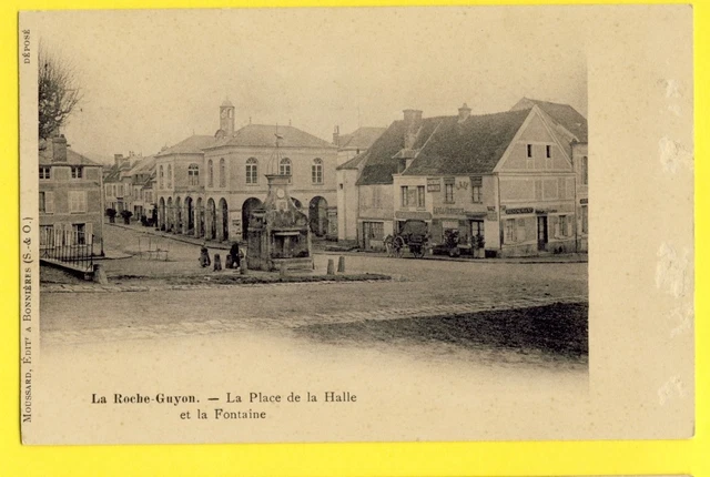 cpa LA ROCHE GUYON (Val d'Oise) Place de la HALLE, FONTAINE Café du Commerce