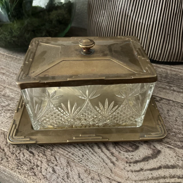 ANCIENNE BOÎTE À biscuits en verre, bois & aluminium doré avec anse