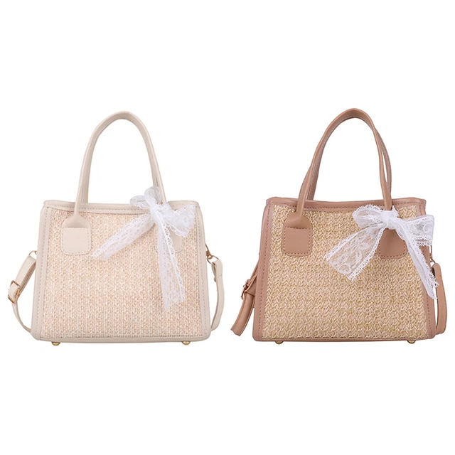 Beach Straw Shoulder Bag Summer Lace Splicing Hand-Woven Crossbody Tote Handbags