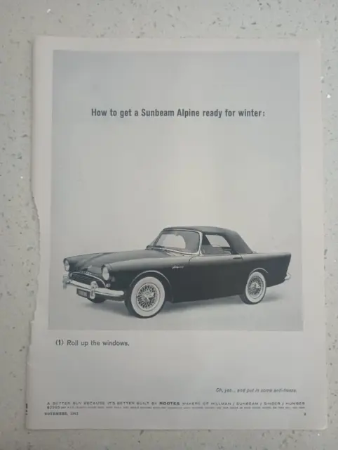 1961 Sunbeam Antique Car Ad Body Alpine Rootes Winter Roll Up Windows Art Cdn61