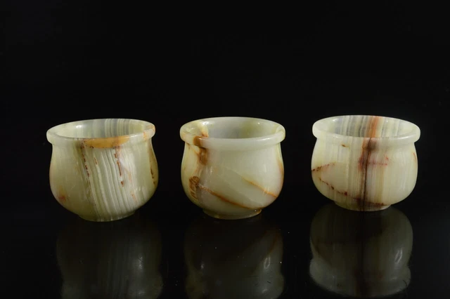 G6008: Japanese Stone jade/jewels Shapely SAKE CUP Sakazuki 3pcs, Sake vessels