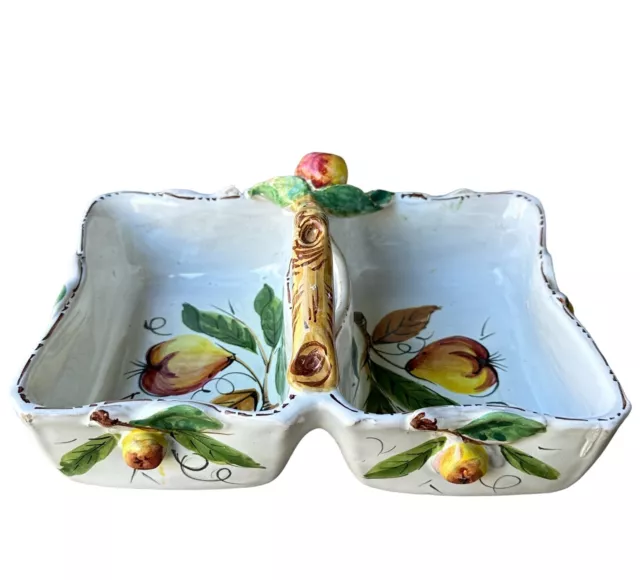 VTG Italian Pottery Double Compartment Handled Dish Fruit Motif Handpainted MCM