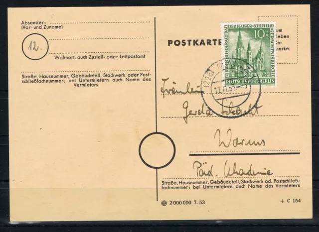 Berlin: MiNr. 107 EF auf Postkarte 1953 Mainz - Worms [5988]