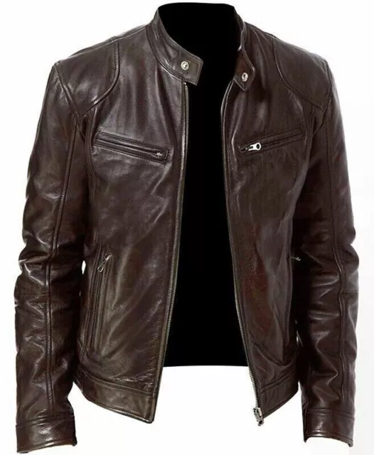 Uk Mens Vintage Cafe Racer Black Brown Leather Casual Slim Fit Real Biker Jacket 2