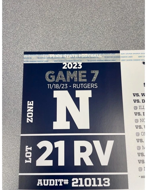 Penn State Football RV Parking Pass LOT 21 RV PSU vs Rutgers November 18, 2023