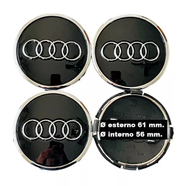 Set 4 Tappi Coprimozzo per Audi Ø 61 mm. nero CERCHI STEMMA BORCHIE ruote lega