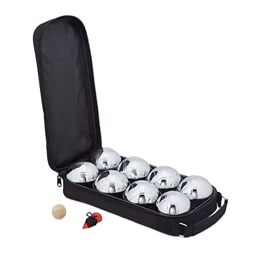 Relaxdays Lot de 8 Boules de pétanque métalliques, avec cochonnet et mètre, Saco