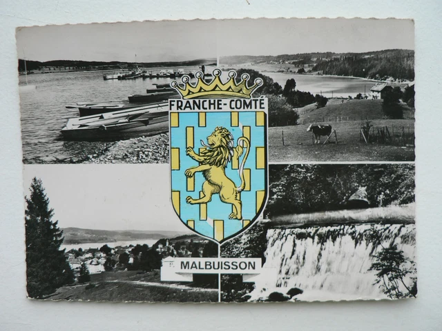 CP N&B voyagé Franche-Comté Malbuisson 25 Doubs blason et multivues CAP 1955