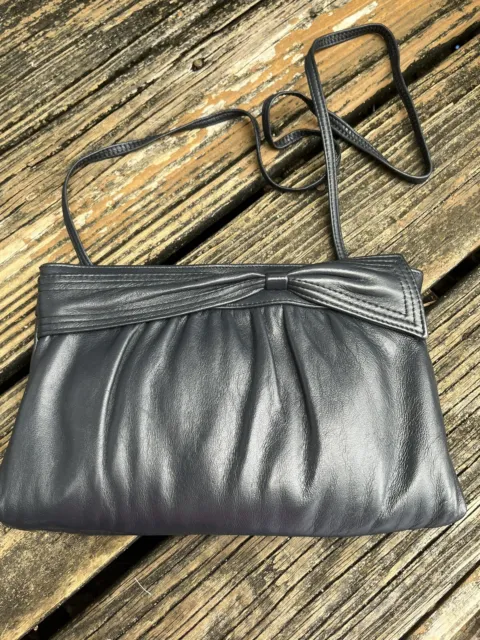 Navy Blue W Bow Pleather Faux Leather Purse Handbag Bag Clutch Vtg 80s 90s
