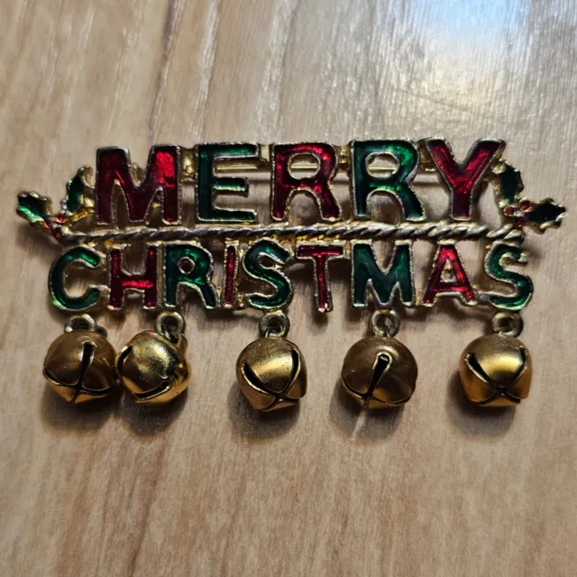 Vintage Gold Tone Enamel Merry Christmas Pin Brooch w Jingle Bells Red Green