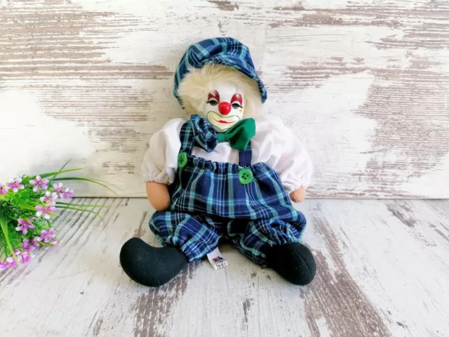 Vintage Collectible Clown Doll Stuffed Clown with Hand Painted Porcelain Face
