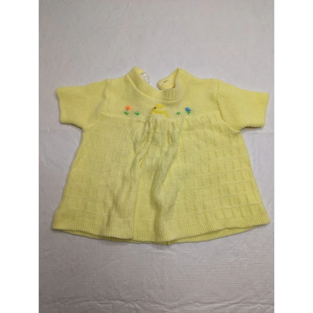 Vintage 1970s Baby Sz 6-12M Knit Sweater Yellow Duck Short Sleeve