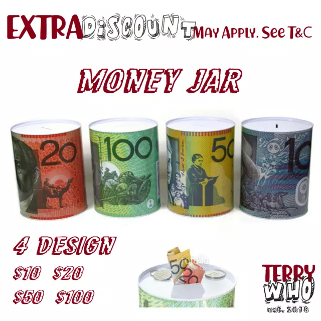 Money Box Jar Coin 10 20 50 100 Dollar Notes AU Design Tin Australian
