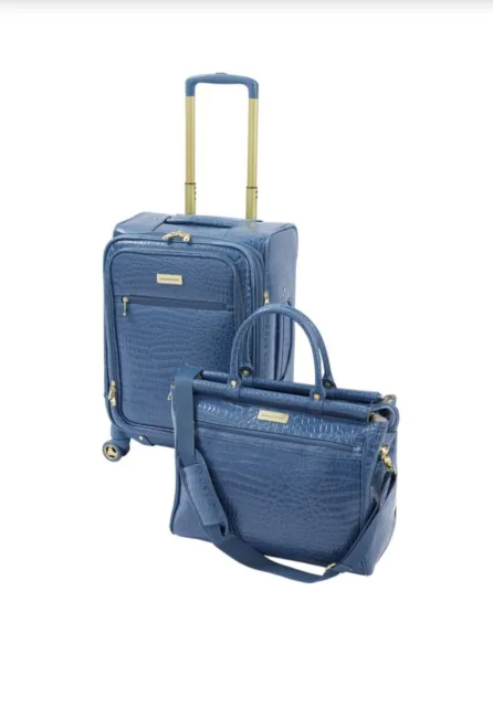 Samantha Brown Luggage Croco Embossed 22" Upright Spinner + Dowel Bag Set Blue