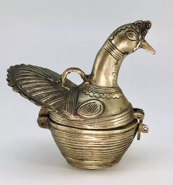 Vintage Dhokra Trinket Box Hinged Hand Cast Brass Peacock Bird Coin Jewelry