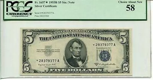 FR 1657* STAR 1953B $5 Silver Certificate 58 Choice About New