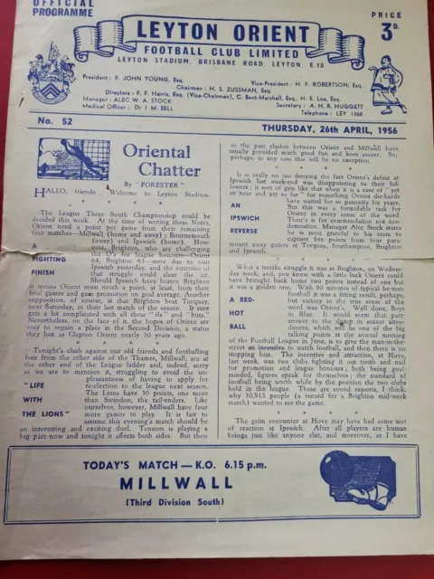 LEYTON ORIENT (CHAMP) v MILLWALL 1955/56 FOOTBALL LEAGUE DIVISION lll (SOUTH)~FP