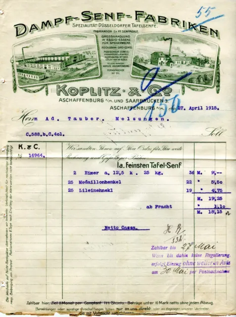 Rechnung Koplitz & Co Aschaffenburg Saarbrücken Dampf Senf Fabriken 1916 KI21313