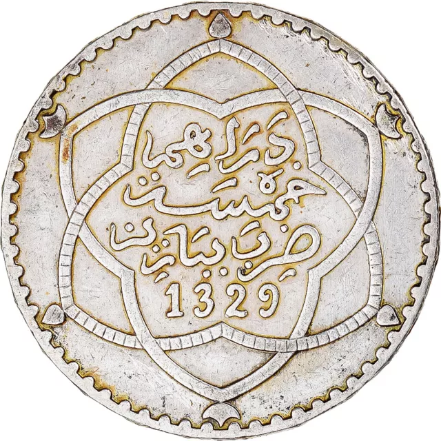 [#1111791] Coin, Morocco, 'Abd al-Hafiz, 1/2 Rial, 5 Dirhams, 1911/AH1329, bi-Ba