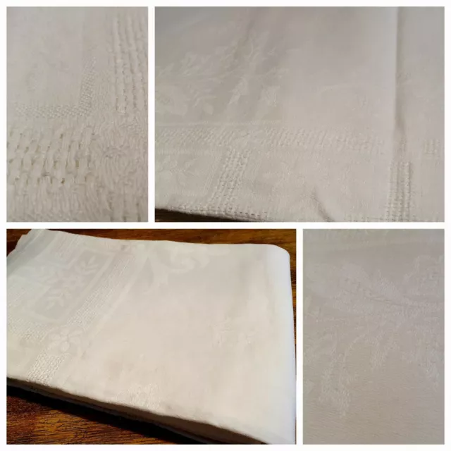 Ancienne grande nappe brodée lin damassé 220 cm X 140 cm / blanche